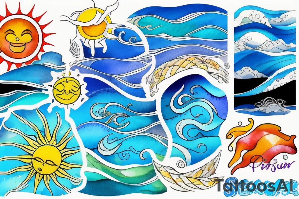 Sea, waves, sun, colourful tattoo idea