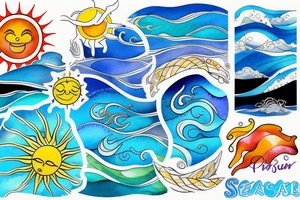 Sea, waves, sun, colourful tattoo idea