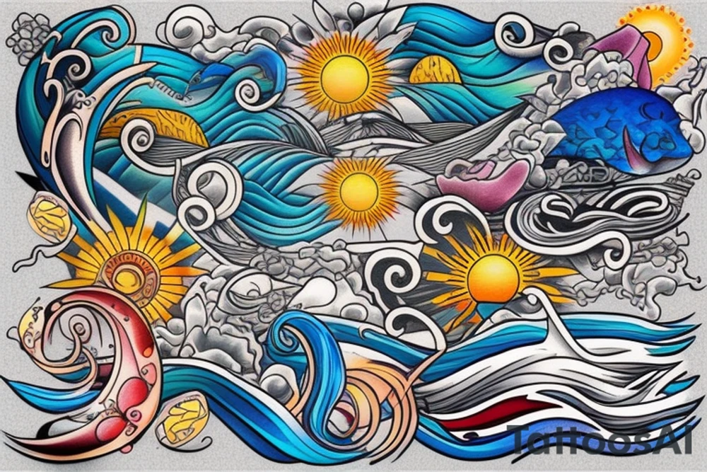 Sea, waves, sun, colourful tattoo idea