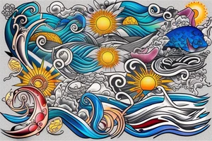 Sea, waves, sun, colourful tattoo idea