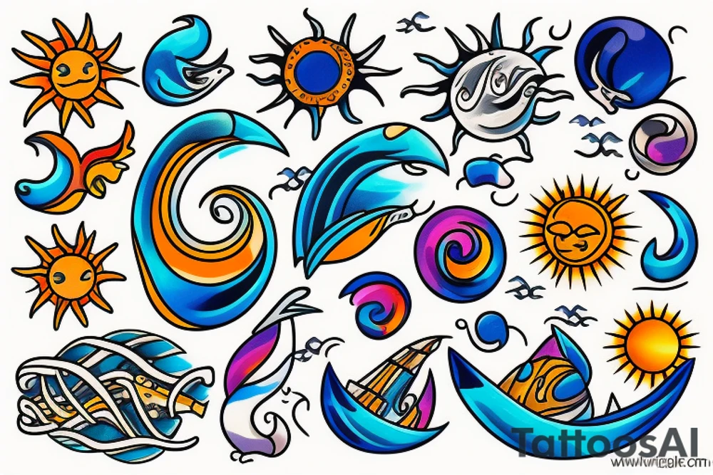 Sea, waves, sun, colourful tattoo idea