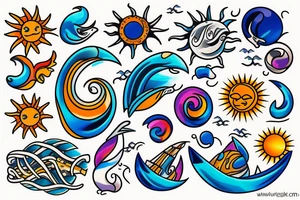 Sea, waves, sun, colourful tattoo idea