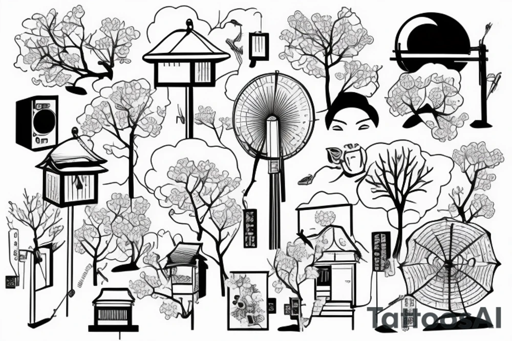 Quiet Japanese street, sun, spring, cherry blossoms, around the house, poles with wires, blue sky tattoo idea
