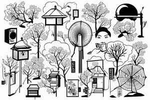 Quiet Japanese street, sun, spring, cherry blossoms, around the house, poles with wires, blue sky tattoo idea