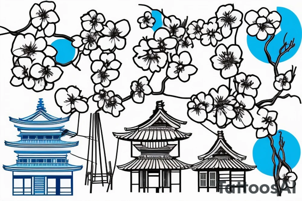 Quiet Japanese street, sun, spring, cherry blossoms, around the house, poles with wires, blue sky tattoo idea