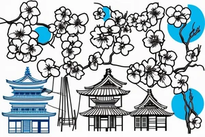 Quiet Japanese street, sun, spring, cherry blossoms, around the house, poles with wires, blue sky tattoo idea