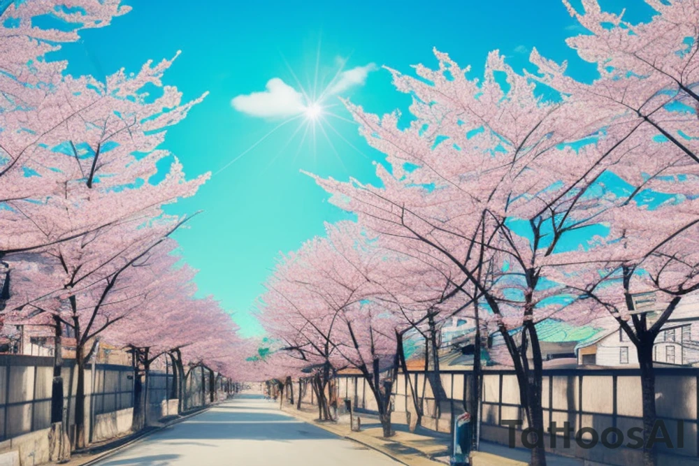 Quiet Japanese street, sun, spring, cherry blossoms, around the house, poles with wires, blue sky. The picture itself looks like a photo with polaroid tattoo idea