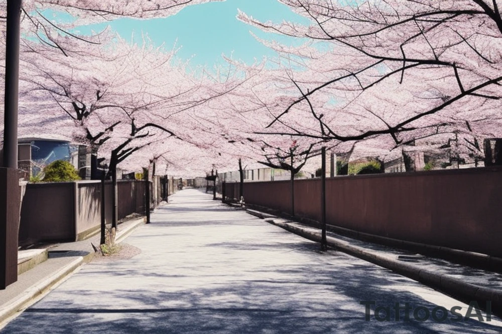 Quiet Japanese street, sun, spring, cherry blossoms, around the house, poles with wires, blue sky. The picture itself looks like a photo with polaroid tattoo idea