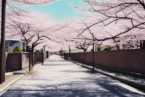 Quiet Japanese street, sun, spring, cherry blossoms, around the house, poles with wires, blue sky. The picture itself looks like a photo with polaroid tattoo idea