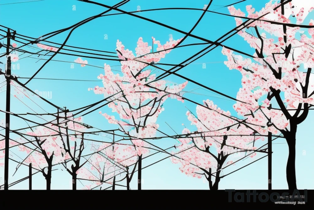 Quiet Japanese street, sun, spring, cherry blossoms, around the house, poles with wires, blue sky. The picture itself looks like a photo with polaroid tattoo idea