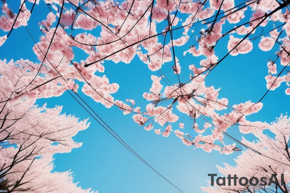 Quiet Japanese street, sun, spring, cherry blossoms, around the house, poles with wires, blue sky. The picture itself looks like a photo with polaroid tattoo idea