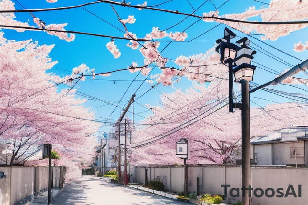 Quiet Japanese street, sun, spring, cherry blossoms, around the house, poles with wires, blue sky. The picture itself looks like a photo with polaroid tattoo idea