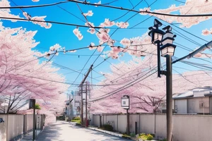 Quiet Japanese street, sun, spring, cherry blossoms, around the house, poles with wires, blue sky. The picture itself looks like a photo with polaroid tattoo idea