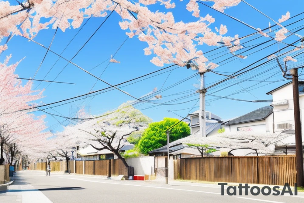 Quiet Japanese street, sun, spring, cherry blossoms, around the house, poles with wires, blue sky. The picture itself looks like a photo with polaroid tattoo idea