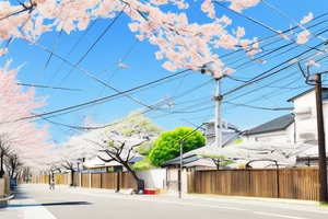 Quiet Japanese street, sun, spring, cherry blossoms, around the house, poles with wires, blue sky. The picture itself looks like a photo with polaroid tattoo idea
