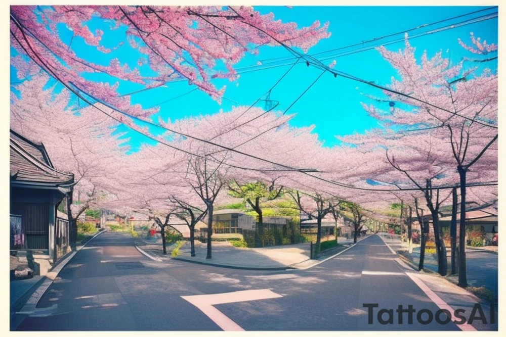 Quiet Japanese street, sun, spring, cherry blossoms, around the house, poles with wires, blue sky. The picture itself looks like a photo with polaroid tattoo idea