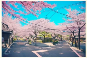 Quiet Japanese street, sun, spring, cherry blossoms, around the house, poles with wires, blue sky. The picture itself looks like a photo with polaroid tattoo idea