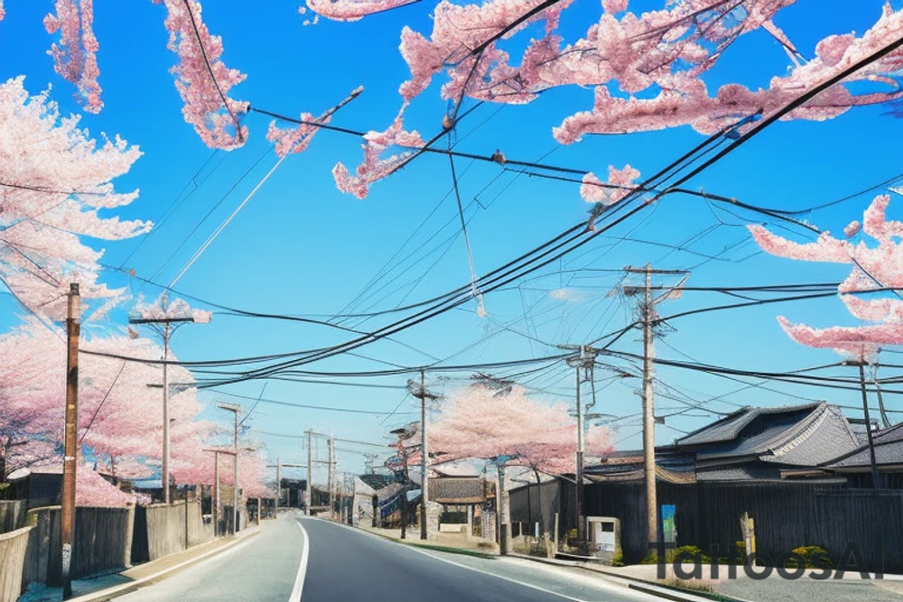 Quiet Japanese street, sun, spring, cherry blossoms, around the house, poles with wires, blue sky. The picture itself looks like a photo with polaroid tattoo idea