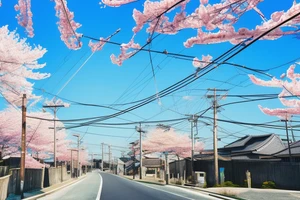Quiet Japanese street, sun, spring, cherry blossoms, around the house, poles with wires, blue sky. The picture itself looks like a photo with polaroid tattoo idea
