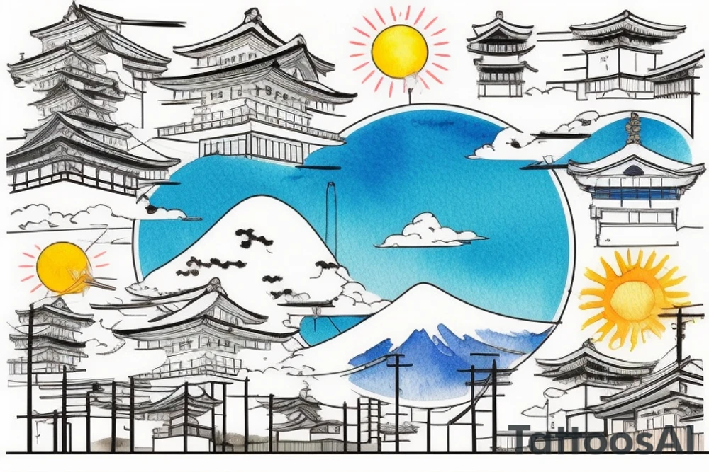 Quiet Japan, sun, spring, around the house, poles with wires, blue sky. The picture itself looks like a photo with polaroid tattoo idea