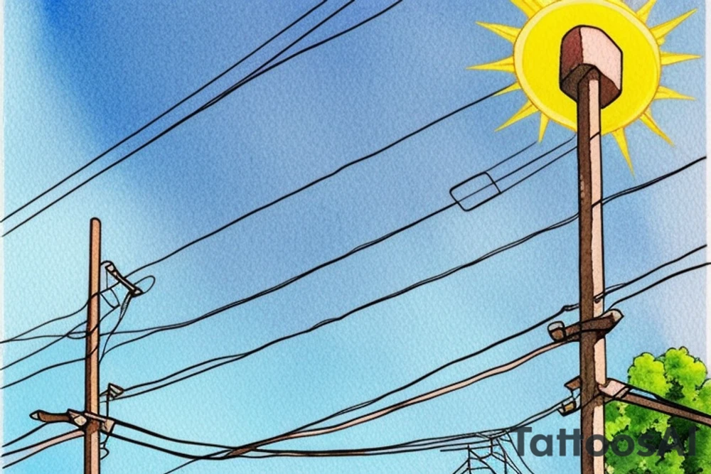 Quiet, sun, spring, around the house, poles with wires, blue sky. The picture itself looks like a photo with polaroid tattoo idea