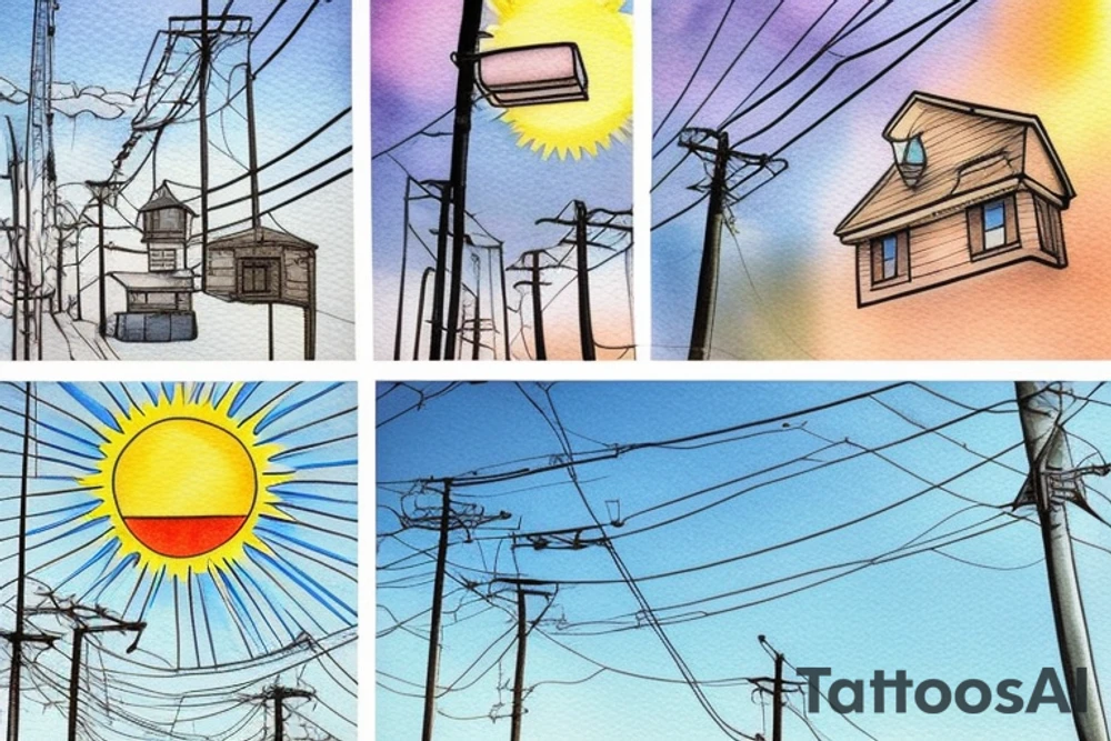 Quiet, sun, spring, around the house, poles with wires, blue sky. The picture itself looks like a photo with polaroid tattoo idea