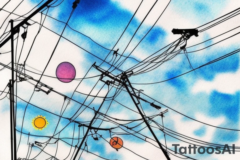 Quiet, sun, spring, around the house, poles with wires, blue sky. The picture itself looks like a photo with polaroid tattoo idea