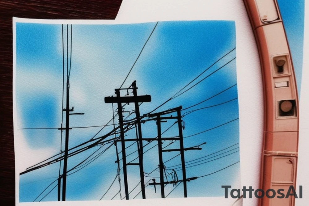 Quiet, sun, spring, around the house, poles with wires, blue sky. The picture itself looks like a photo with polaroid tattoo idea