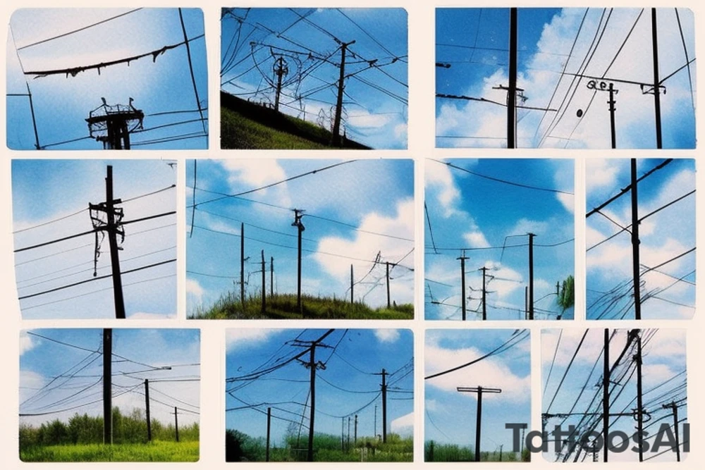 Quiet, spring, poles with wires, blue sky. The picture itself looks like a photo with polaroid tattoo idea