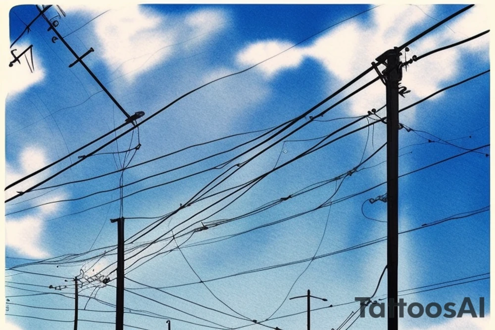 Quiet, spring, poles with wires, blue sky. The picture itself looks like a photo with polaroid tattoo idea