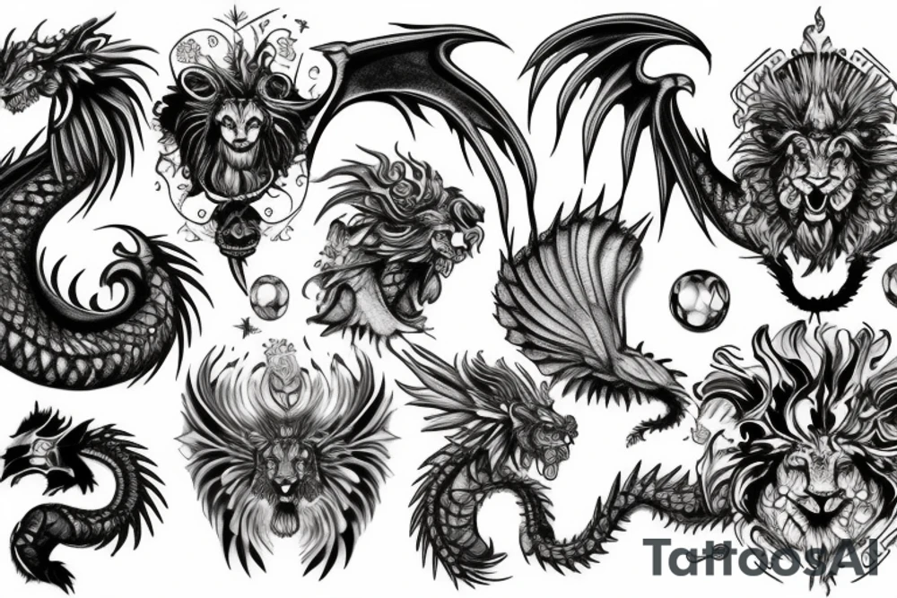 chimera, dragons wings, lions mane, crystal ball, shaman tattoo idea