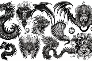 chimera, dragons wings, lions mane, crystal ball, shaman tattoo idea