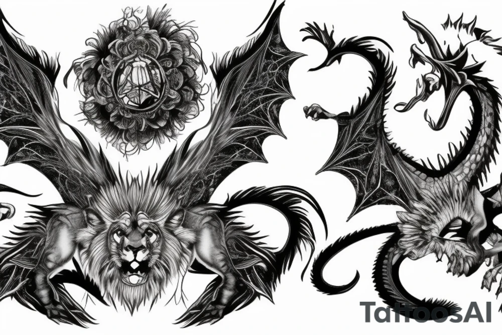chimera, dragons wings, lions mane, crystal ball, shaman tattoo idea