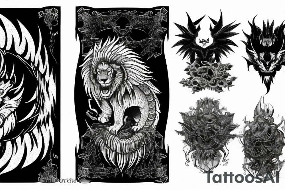 chimera, dragons wings, lions mane, crystal ball, shaman, dark, vertical tattoo idea