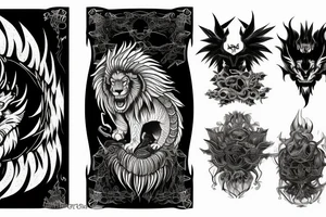 chimera, dragons wings, lions mane, crystal ball, shaman, dark, vertical tattoo idea
