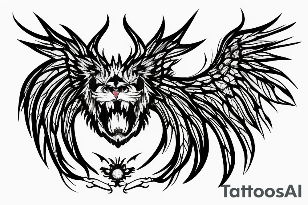 chimera, dragons wings, lions mane, crystal ball, shaman, dark, vertical tattoo idea