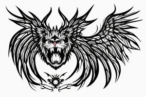 chimera, dragons wings, lions mane, crystal ball, shaman, dark, vertical tattoo idea