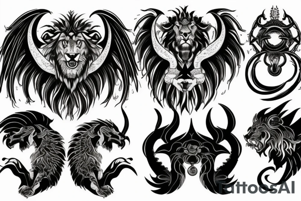 chimera, dragons wings, lions mane, crystal ball, shaman, dark, vertical, horns tattoo idea