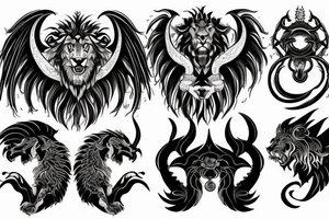 chimera, dragons wings, lions mane, crystal ball, shaman, dark, vertical, horns tattoo idea