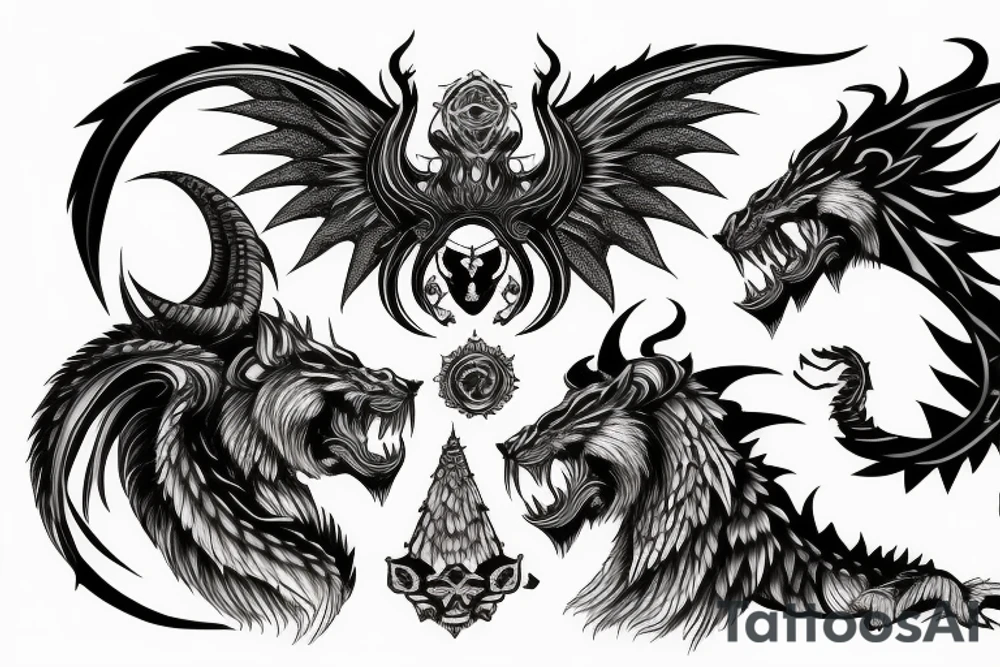 chimera, dragons wings, lions mane, crystal ball, shaman, dark, vertical, horns tattoo idea