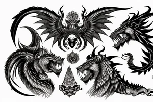 chimera, dragons wings, lions mane, crystal ball, shaman, dark, vertical, horns tattoo idea