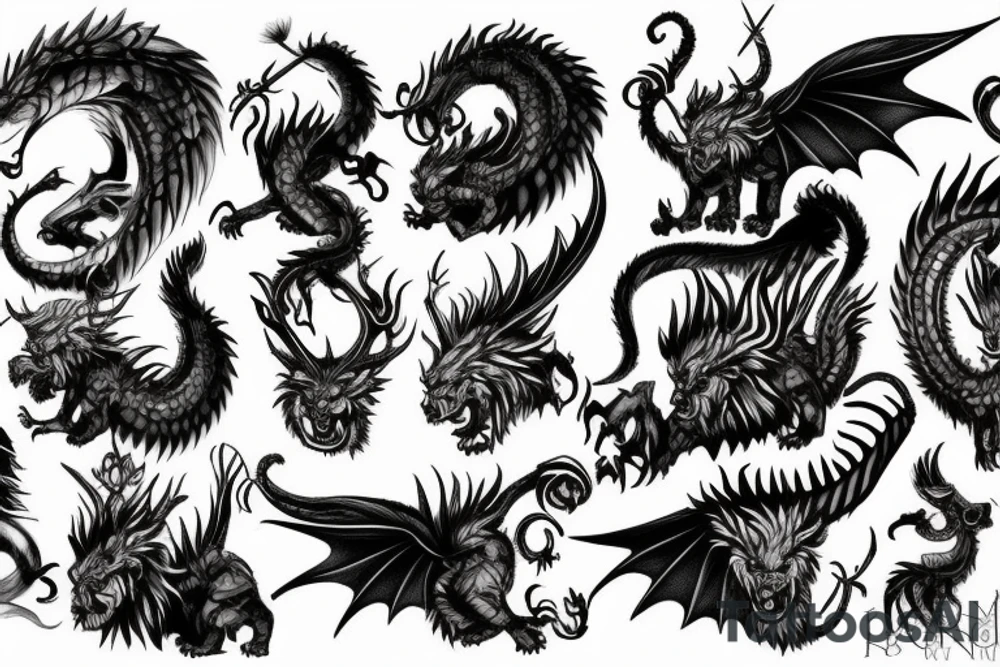 chimera, dragons wings, lions mane, crystal ball, shaman, dark, vertical, horns tattoo idea