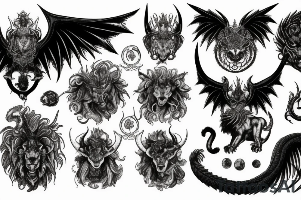 chimera, dragons wings, lions mane, crystal ball, shaman, dark, vertical, horns tattoo idea
