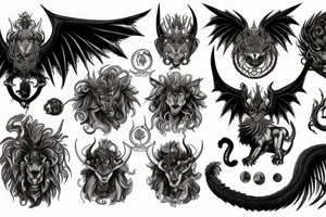 chimera, dragons wings, lions mane, crystal ball, shaman, dark, vertical, horns tattoo idea