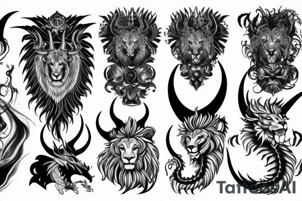chimera, dragons wings, lions mane, crystal ball, shaman, dark, vertical, horns tattoo idea