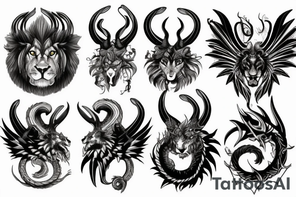 chimera, dragons wings, lions mane, crystal ball, shaman, dark, vertical, horns tattoo idea
