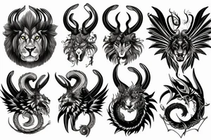 chimera, dragons wings, lions mane, crystal ball, shaman, dark, vertical, horns tattoo idea