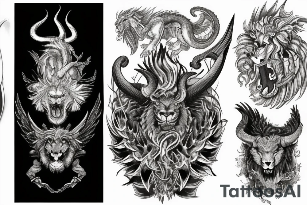 chimera, dragons wings, lions mane, crystal ball, shaman, dark, vertical, horns tattoo idea