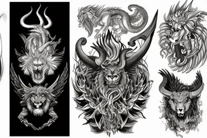 chimera, dragons wings, lions mane, crystal ball, shaman, dark, vertical, horns tattoo idea