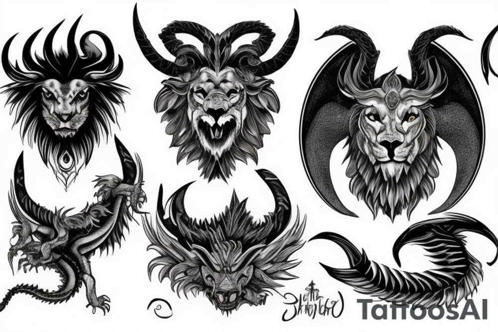 chimera, dragons wings, lions mane, crystal ball, shaman, dark, vertical, horns tattoo idea